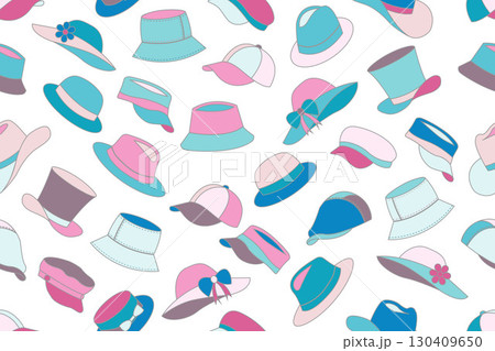 Seamless pattern of various types of hats such as bucket hats, baseball caps, sun hats with bows and flowers, fedoras, wide-brimmed sun hats, and visors, in mix of blue, pink, and brown colors shades. Seamless pattern of various types of hats such as bucket hats, baseball caps, sun hats with bows and flowers, fedoras, wide-brimmed sun hats, and visors, in mix of blue, pink, and brown colors shades. 130409650