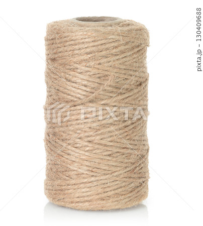 Jute burlap twine spool isolated on transparent background. Natural fiber for eco and zero waste packaging, craft and DIY, gardening, rustic decor and branding mockup. Full focus photo 130409688