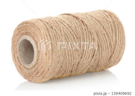Jute burlap twine spool isolated on transparent background. Natural fiber for eco and zero waste packaging, craft and DIY, gardening, rustic decor and branding mockup. Full focus photo 130409692