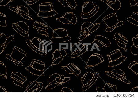 Seamless pattern of gold outlines of different types of hats such as bucket hats, baseball caps, sun hats with bows and flowers, fedoras, wide-brimmed sun hats, and visors, on black background. 130409754