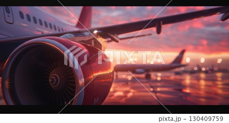 Sunset Runway Airplane Taking Off at Dusk. 130409759