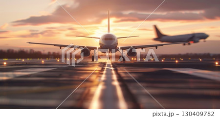 Sunset Runway Airplane Taking Off at Dusk. 130409782