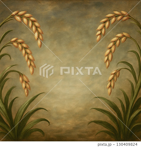 黄金の稲穂フレーム（中央白背景コピースペース） 130409824