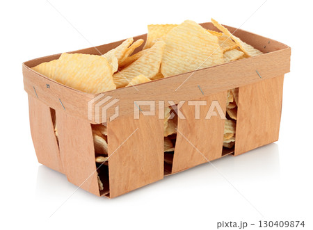 Potato chips in thin plywood wooden tray for fruits, isolated on transparent background, full focus stacking for sharp texture and detail 130409874