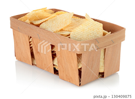 Potato chips in thin plywood wooden tray for fruits, isolated on transparent background, full focus stacking for sharp texture and detail 130409875