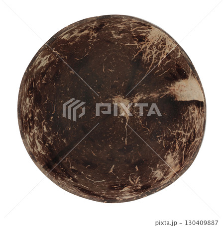 Bowl made from half coconut shell with hard husk texture, isolated on transparent background, full focus stacking for sharp natural detail, top view 130409887