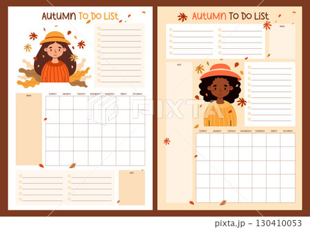 Autumn Female Planner. Diverse Woman with Fall Leaves. Organizer for Calendar Month, To-Do list, Note, memo. Isolated Seasonal Vertical printable Template. Vector illustration. Kids collection. Not AI 130410053