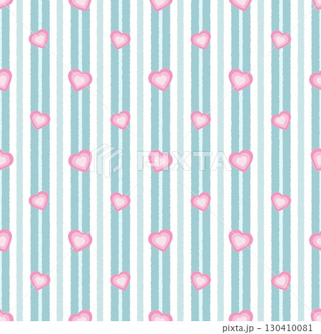 A seamless pattern with vertical blue and white stripes decorated with scattered pink hearts. Can be used for Valentine Day, gift wrap, textiles, wallpapers, and cute decorative projects. 130410081