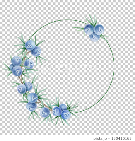 Minimal round frame with blue juniper berries and green branches in watercolor illustration, hand drawn clipart for wedding stationery, labels, recipe cards, branding, wrapping paper and digital art. Minimal round frame with blue juniper berries and green branches in watercolor illustration, hand drawn clipart for wedding stationery, labels, recipe cards, branding, wrapping paper and digital art. 130410165