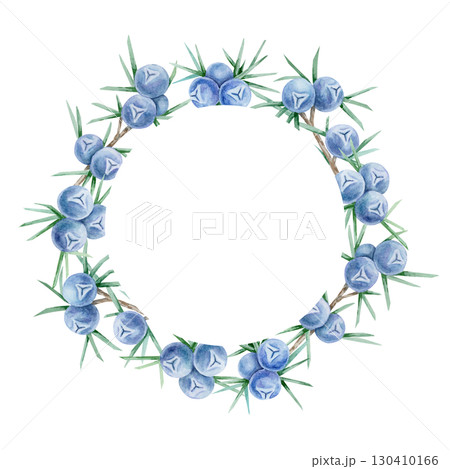 Round wreath frame made of blue juniper berries and green leaves in watercolor illustration, hand drawn botanical clipart perfect for invitations, holiday cards, packaging, scrapbooking and decor. 130410166
