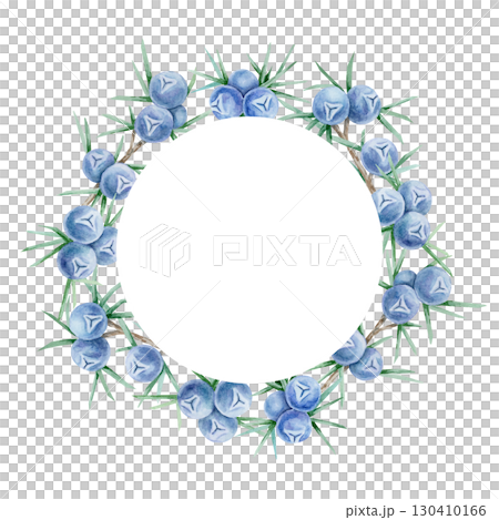 Round wreath frame made of blue juniper berries and green leaves in watercolor illustration, hand drawn botanical clipart perfect for invitations, holiday cards, packaging, scrapbooking and decor. 130410166