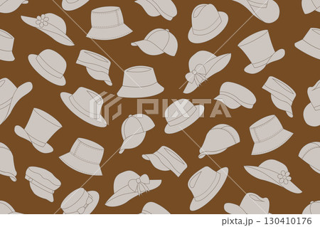 Seamless pattern of brown outlines of different types of hats such as bucket hats, baseball caps, sun hats with bows and flowers, fedoras, wide-brimmed sun hats, and visors, on dark brown background. 130410176