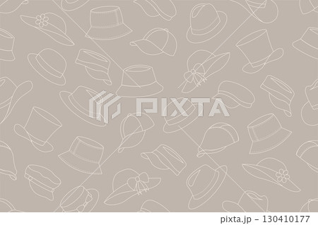 Seamless pattern of beige outlines of different types of hats such as bucket hats, baseball caps, sun hats with bows and flowers, fedoras, wide-brimmed sun hats, and visors, on brown background. 130410177