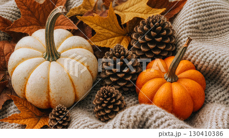 Ripe orange pumpkins with autumn decor next to a cozy checkered blanket on a wooden background 130410386