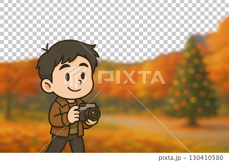 秋季插圖:一位男性微型人物用相機拍攝秋葉 秋季插圖:一位男性微型人物用相機拍攝秋葉 130410580