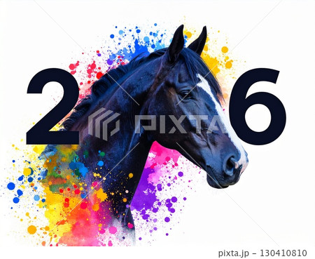 水彩の馬のポートレートとカラースプラッシュ、2026年年賀状素材 130410810