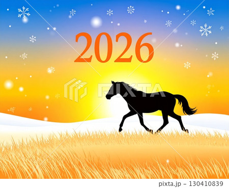 2026年の朝日に駆ける草原の馬の年賀状素材 2026年の朝日に駆ける草原の馬の年賀状素材 130410839