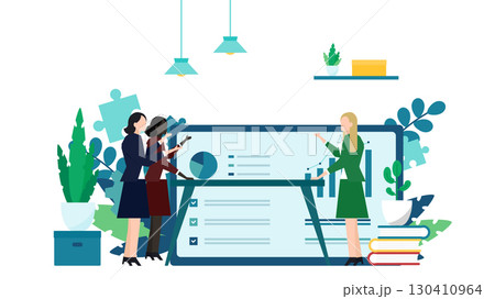 グラフやデータを用いてマーケティングについて会議をしているビジネスウーマン（白） 130410964