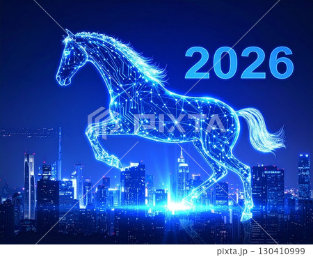 2026年サイバーネオン風な馬の年賀素材 130410999