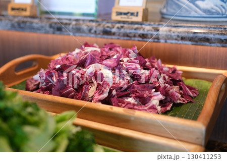 Chopped red cabbage, close-up. From above, overhead. Chopped red cabbage, close-up. From above, overhead. 130411253