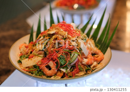 Healthy salad plate. Fresh seafood recipe. Grilled shrimps and fresh vegetable salad and egg. Grilled prawns. Healthy food. Flat lay. Top view Healthy salad plate. Fresh seafood recipe. Grilled shrimps and fresh vegetable salad and egg. Grilled prawns. Healthy food. Flat lay. Top view 130411255