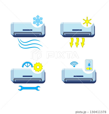 Air Conditioner Icon Set Showing Cooling, Heating, Wind, and Strong Flow in Blue on White Background. 130411378