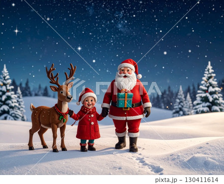 雪の中でプレゼントを運ぶサンタクロースとトナカイのクリスマスカード素材 130411614