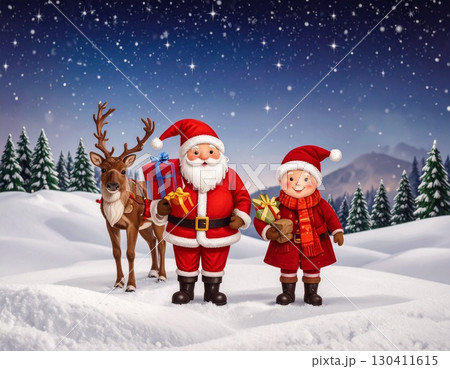 雪の中でプレゼントを運ぶサンタクロースとトナカイのクリスマスカード素材 130411615