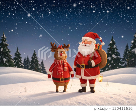 雪の中でプレゼントを運ぶサンタクロースとトナカイのクリスマスカード素材 130411616