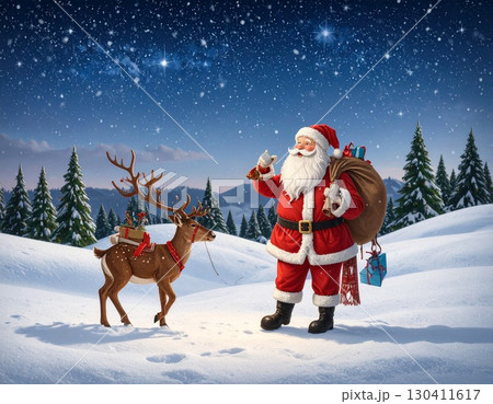 雪の中でプレゼントを運ぶサンタクロースとトナカイのクリスマスカード素材 130411617