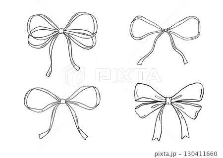 Coquette bow outline drawings set, vector sketchy illustration isolated on white, cute icon 130411660