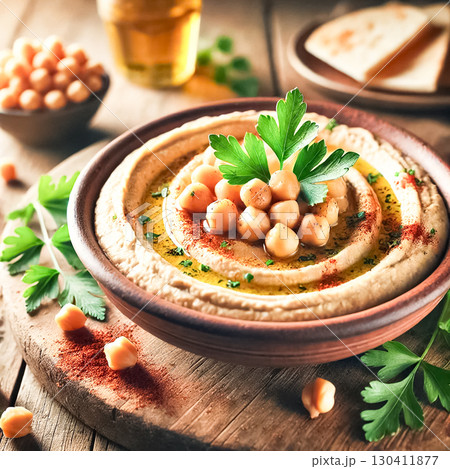 Close-up images of creamy hummus topped with whole chickpeas, drizzled with olive oil, and garnished with fresh parsley. Served alongside toasted pita bread, the setting is rustic and earthy 130411877