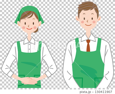 Supermarket clerk, part-time employee, men and women in aprons, greeting 130411907