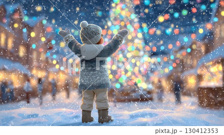 cute happy little child with raised arms on christmas market illustration 130412353