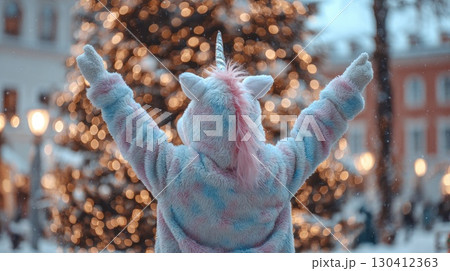 cute funny unicorn on christmas market in winter 130412363