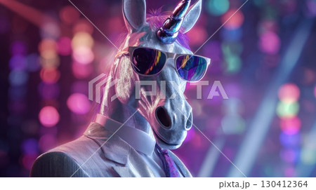 cool party unicorn with sunglasses on colorful disco background illustration 130412364