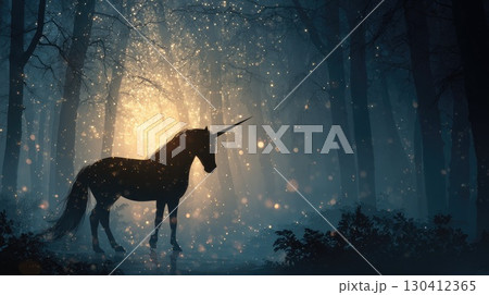 beautiful unicorn in magical forest illustration 130412365