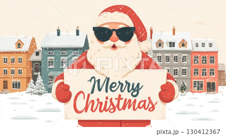 cool santa claus with merry christmas sign on city background illustration 130412367