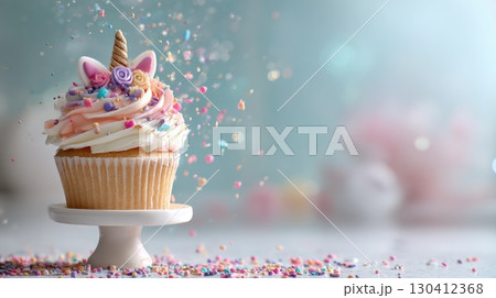 sweet tasty unicorn cupcake on childs birthday 130412368