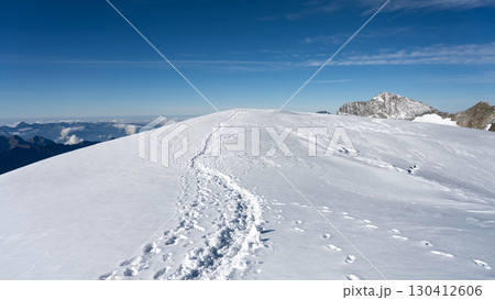 Snow-covered ridge at the summit of Piz Palu offers breathtaking views of the Bernina range in summer. Footprints reveal the adventurous hike up this stunning alpine peak. 130412606