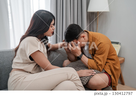 Emotional Support A Caring Woman Comforts a Man in His Time of Need and Distress Emotional Support A Caring Woman Comforts a Man in His Time of Need and Distress 130412797