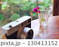 水の入ったグラスの一輪挿しとフィルムカメラ 130413152