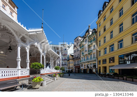 Summer walk through the spa center of the famous Karlovy Vary (Carlsbad) in the Czech Republic Summer walk through the spa center of the famous Karlovy Vary (Carlsbad) in the Czech Republic 130413346