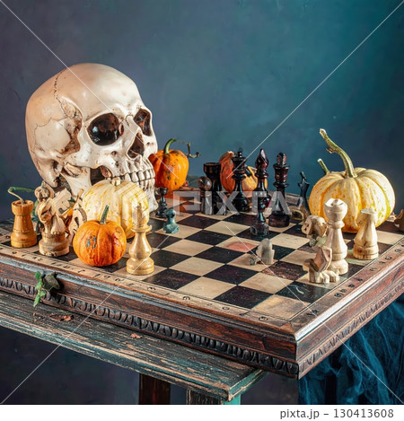 Skulls and pumpkins on chessboard with candles, spooky Halloween still life with horror atmosphere, scary mystical decoration of autumn festive death symbols 130413608