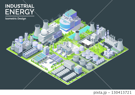 Cartoon Color Industrial Energy Building Composition on Platform Concept 3d Isometric View . Vector illustration of Power Grid Control Center, Thermal Power Plant and Others 130413721