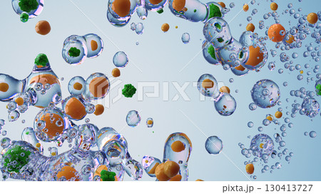 Abstract 3D Illustration of Bubbles With Colorful Elements Suspended in Liquid Abstract 3D Illustration of Bubbles With Colorful Elements Suspended in Liquid 130413727