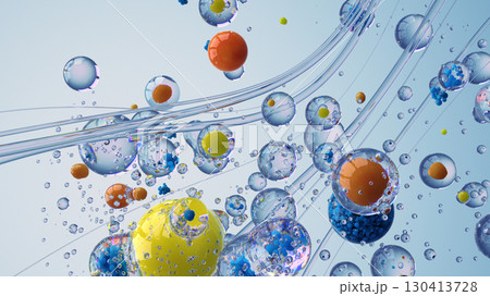 Abstract 3D Illustration of Bubbles With Colorful Elements Suspended in Liquid Abstract 3D Illustration of Bubbles With Colorful Elements Suspended in Liquid 130413728