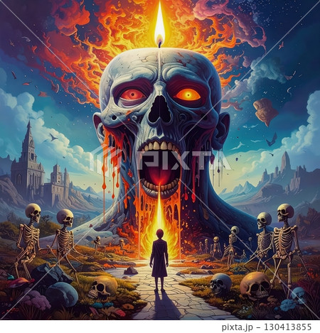 Giant skull with open mouth breathing fire, apocalyptic Halloween scene with burning skeletons, spooky horror fantasy atmosphere of death and destruction 130413855