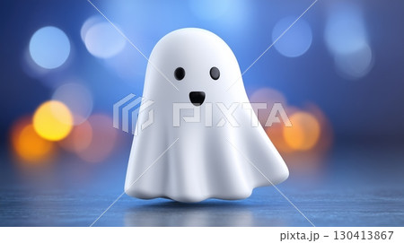 Cute 3D render of a friendly white ghost character with a happy smile against a blurred bokeh background 130413867