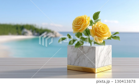Elegant Yellow Roses in Marble Planter on Wooden Table, Serene Beach View Elegant Yellow Roses in Marble Planter on Wooden Table, Serene Beach View 130413878